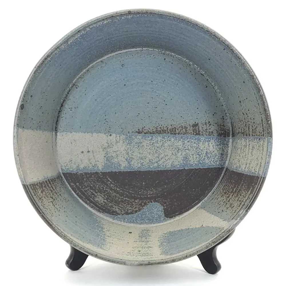 Vtg Studio Art Pottery Serving Bowl Stoneware Blue Gray Earthy Rustic Signed 11